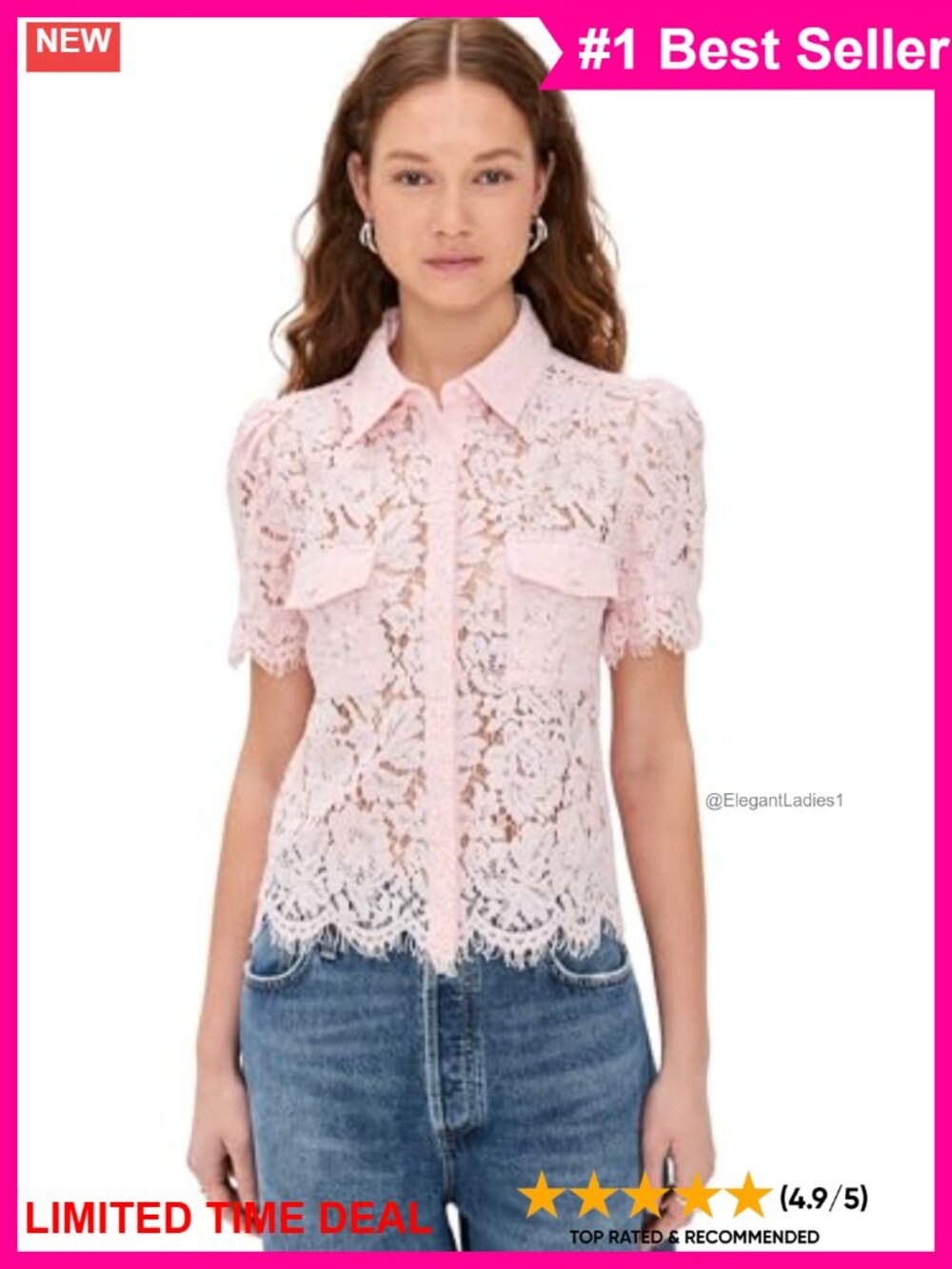 Lace Button Down Shirt Collared Peasant Top Puff Sleeve